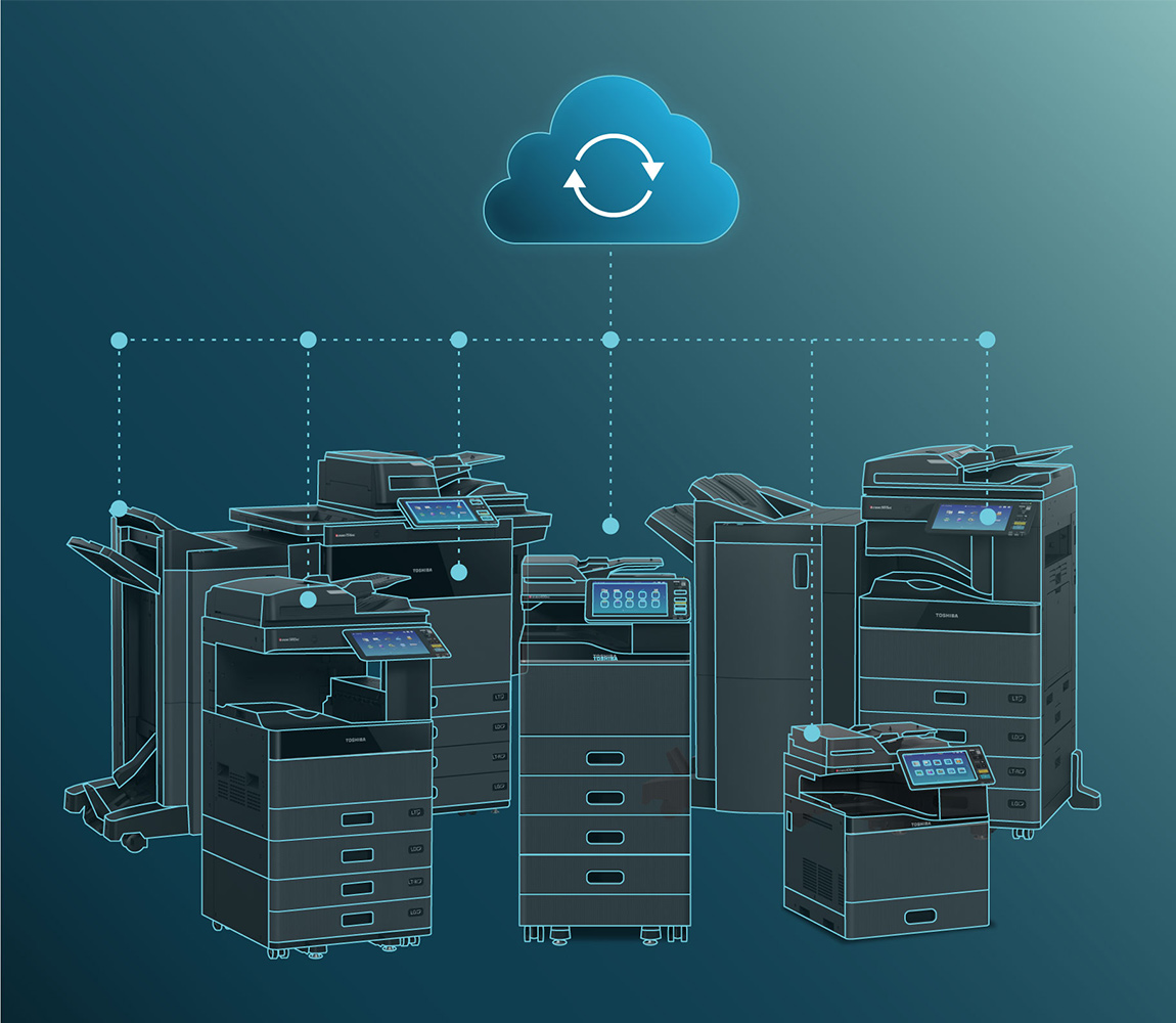 Image montrant les imprimantes et copieurs de marque Toshiba proposé par le revendeur officiel Asstec3, communiquant entre elles via la technologie cloud